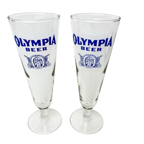 Pilsner Glasses Lot 2 Olympia Clear Beer Blue Letters Good Luck Tumwater 8.25 In - Picture 2 of 9